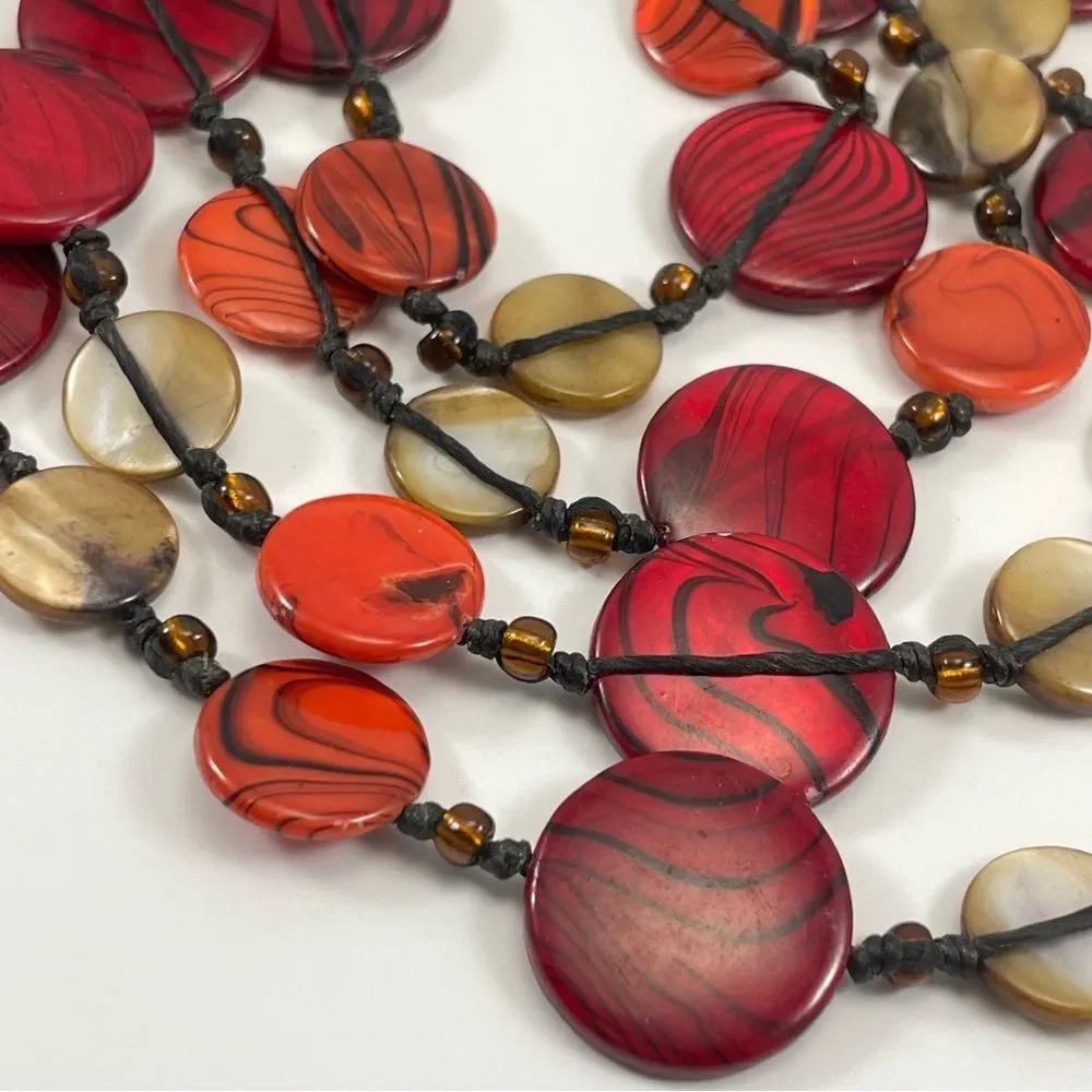 Red Mother of Pearl Disc Knotted Corded Boho Necklace Statement Long